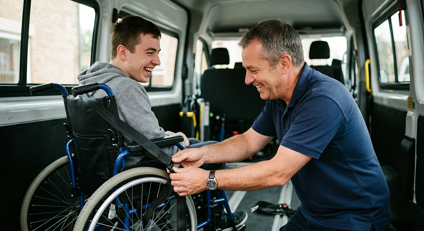 A driver secures a passenger's wheelchair inside an accessible van