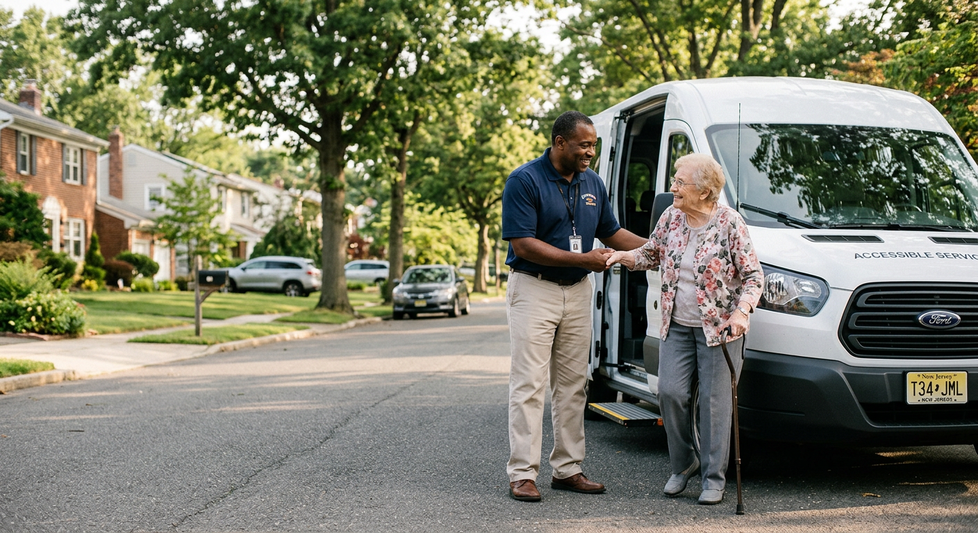 A Steadway driver helps an older passenger step out of an accessible van